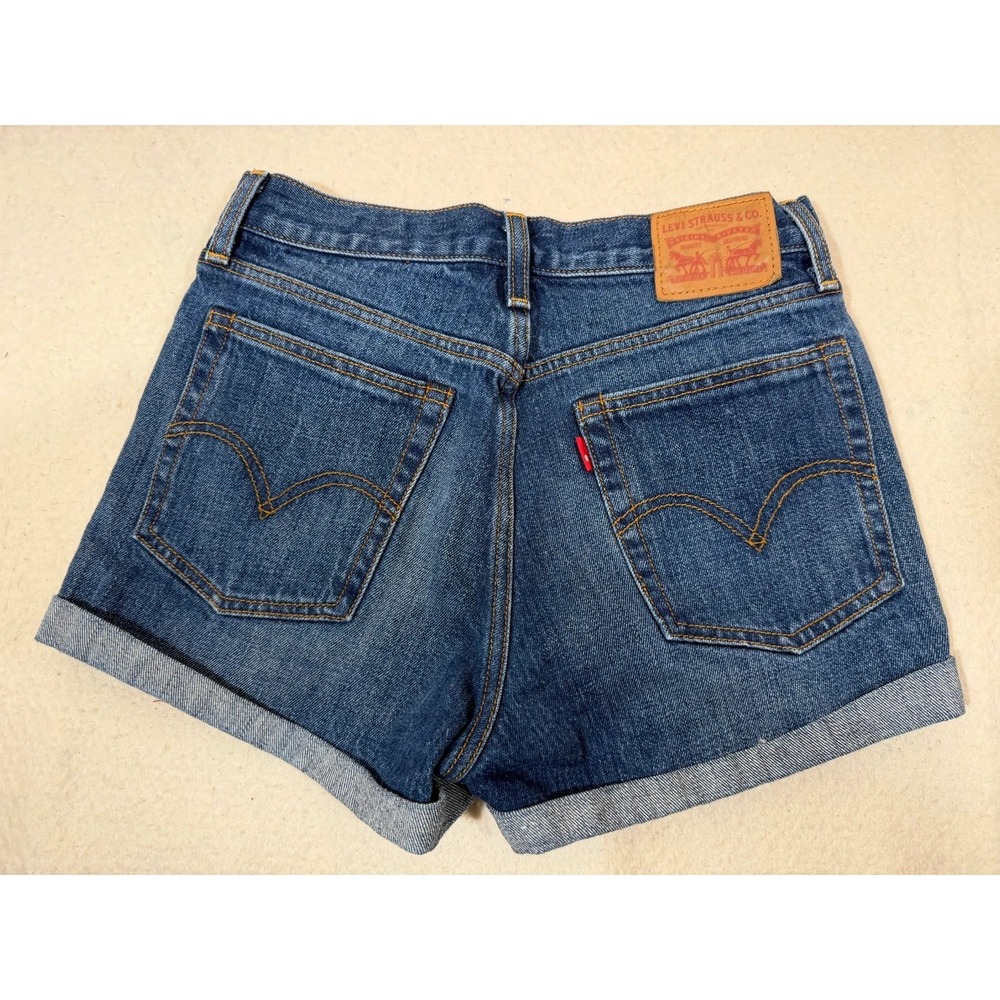 Levis White Oak Cone Denim Shorts Womens 27 High Rise Button Fly Dark Wash Cuffe